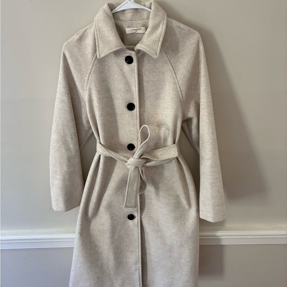 Cream Belted Coat with Black Buttons